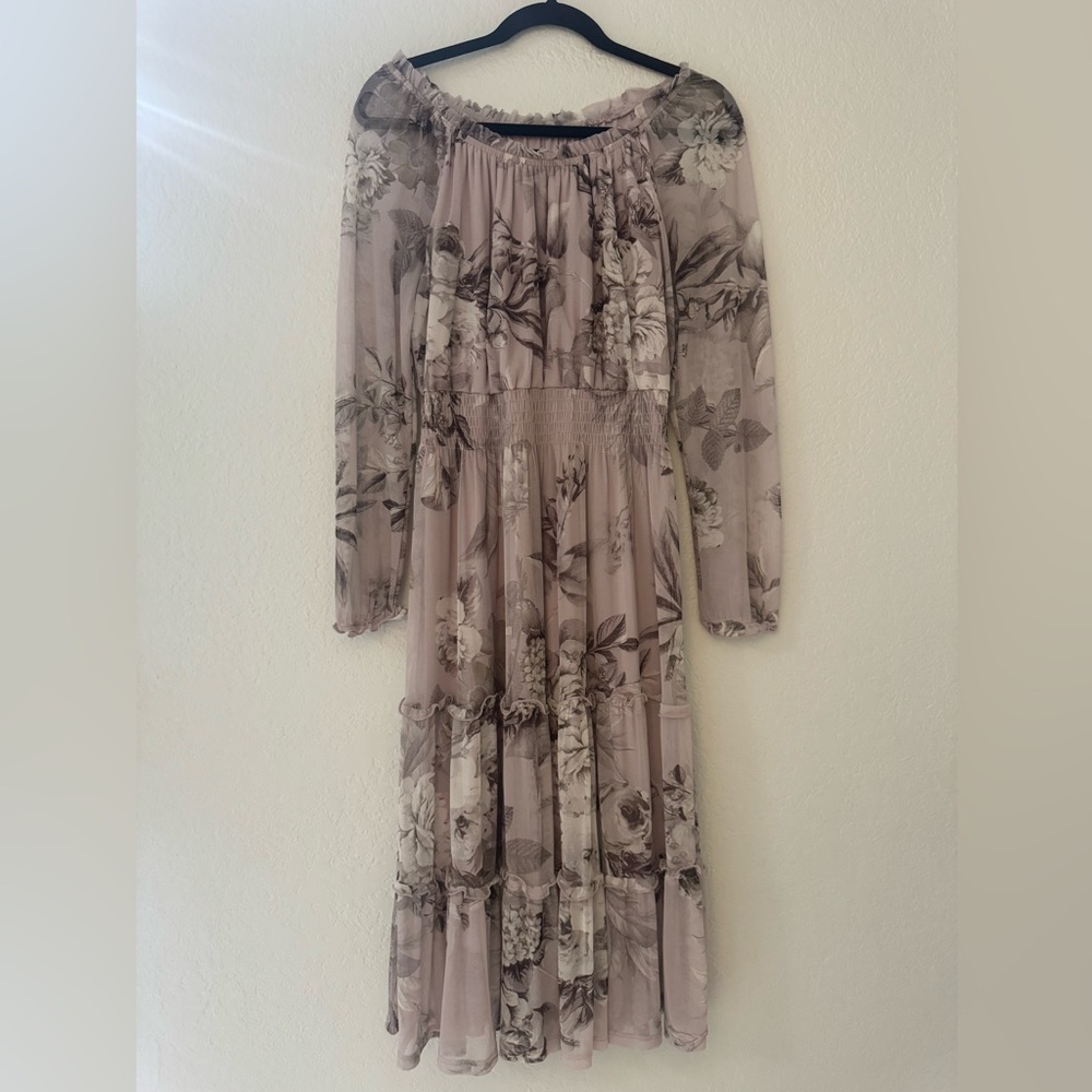 Kate & Lily Lilac Floral Off Shoulder Dress Boho Sheer Sleeve Smocked Waist SZ 6 - Picture 6 of 7